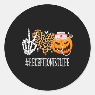 Receptionist Peace Love Pumpkin Fun Halloween Leop Classic Round Sticker