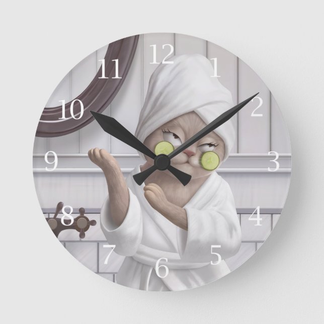Recharge Mode – Miss Meow in Bathrobe Round Clock (Front)