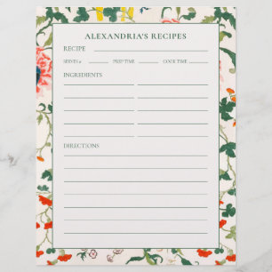 Recipe Binder Page   Custom Name   Elegant Floral