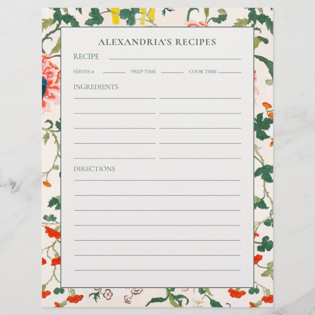 Recipe Binder Page | Custom Name | Elegant Floral (Front)