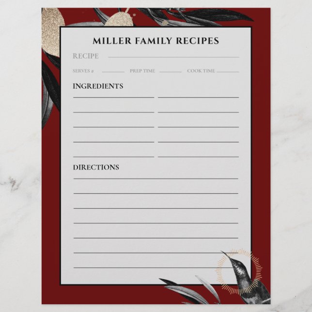 Recipe Binder Page | Family Name | Burgundy (Front)