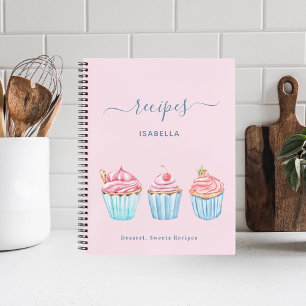 Recipe blush pink baking blue cupcakes name notebook