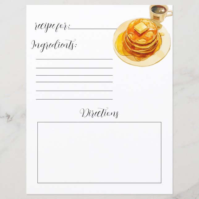 Recipe Book Page for Homemade Fluffy Pancakes (Front)