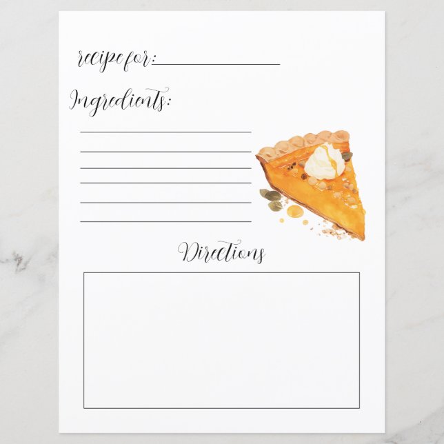 Recipe Book Page for Pumpkin Pie (Front)