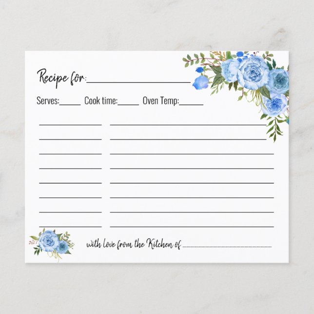 Recipe Card Bridal Shower Blue Floral Wedding (Front)