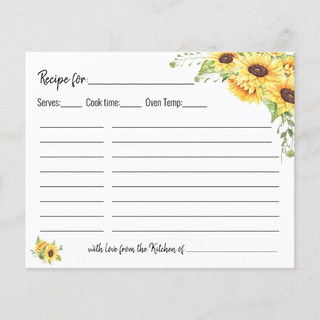 Recipe card bridal shower wedding sunflowers card (Front)