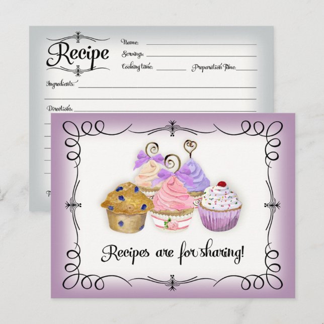 Recipe Card Cupcake Cute Watercolor Bridal Shower  (Front/Back)
