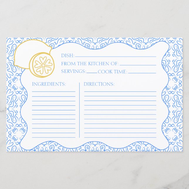 Recipe Card Italian Citrus Lemon Bridal Shower (Front)