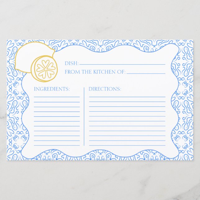 Recipe Card Italian Citrus Lemon Bridal Shower (Front)