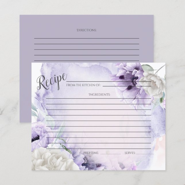 RECIPE CARD | Rustic Watercolor Lilac Poppies (Front/Back)