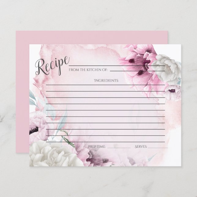RECIPE CARD | Rustic Watercolor Pink Poppies (Front/Back)