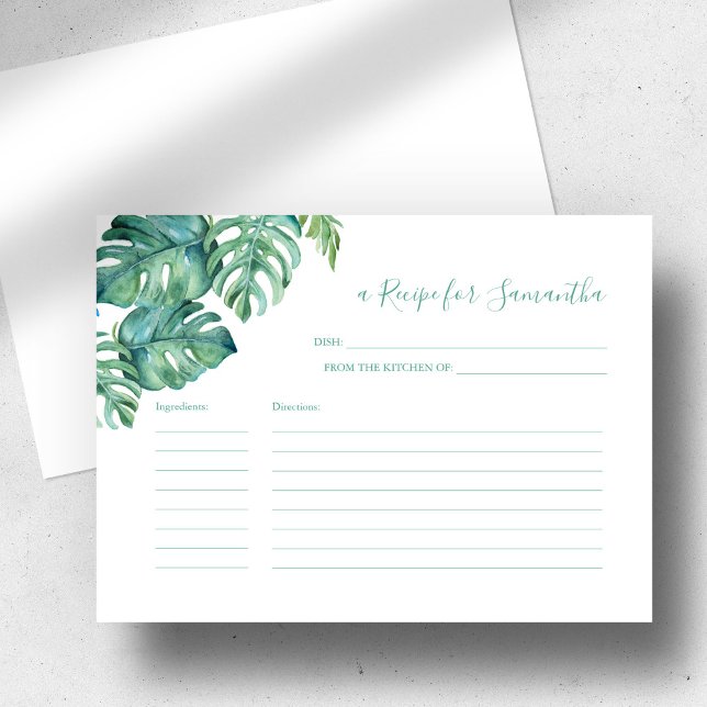 Recipe Card Watercolor Tropica Monstera Palm Leaf (Bridal shower recipe card invitation insert watercolor tropical palm leaves art Do Tell A Belle)