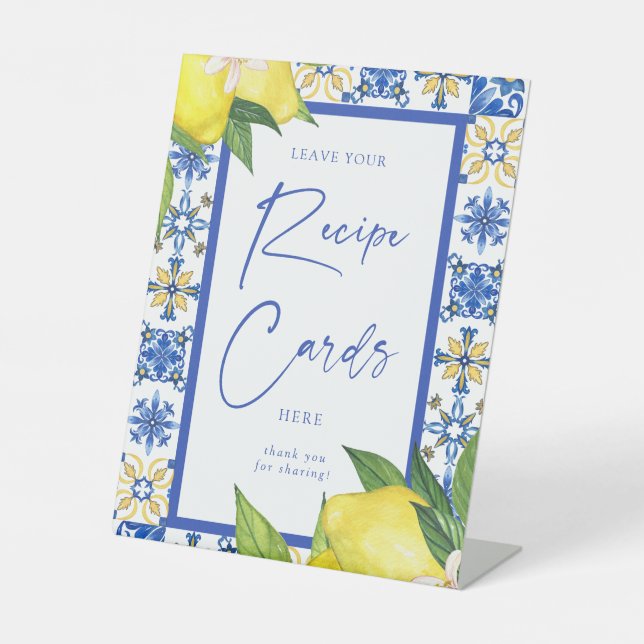 Recipe cards Blue Tiles Lemons Bridal Shower Pedestal Sign (Front)