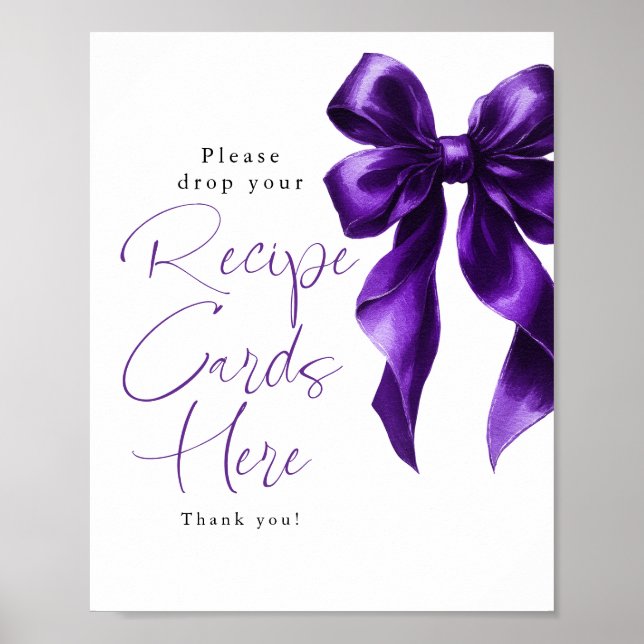 Recipe Cards Dark Purple Bow Bridal Shower Sign (Front)