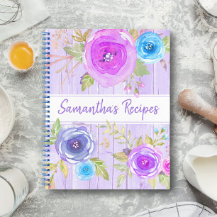 Recipe cookbook floral rustic watercolor plum wood notebook