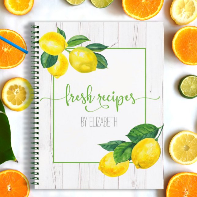 Recipe cookbook lemon watercolor white rustic wood notebook (Creator Uploaded)