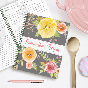 Recipe cookbook pink yellow floral watercolor grey notebook