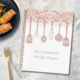 Recipe Cookbook Rose Gold Glitter Kitchen Utensils Notebook
