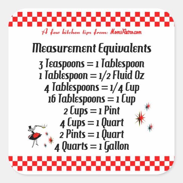 Recipe Equivalents MomsRetro Kitchen Tips Square Sticker (Front)