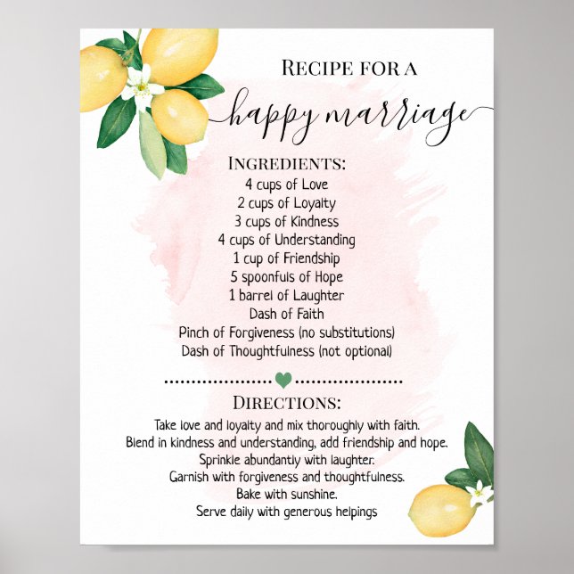Recipe for a Happy Marriage Lemon Pink Shower Gift Poster (Front)