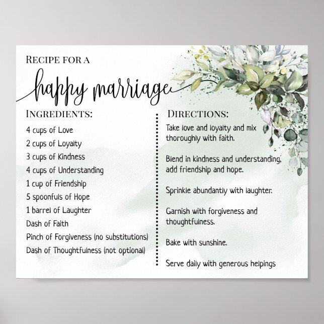 Recipe for a happy marriage newlyweds eucalyptus poster (Front)