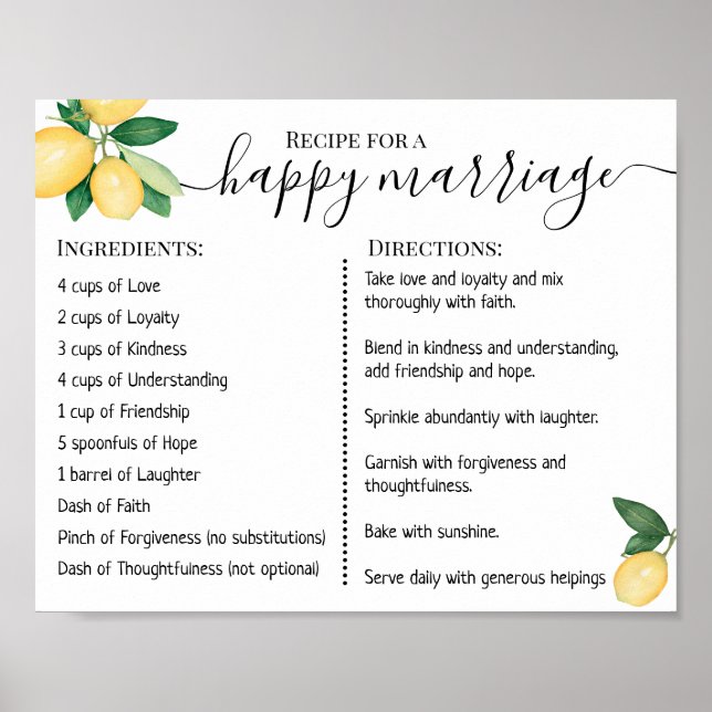 Recipe For A Happy Marriage Newlyweds Lemons Poster (Front)