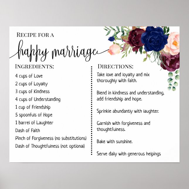 Recipe for a happy marriage sign newlyweds gift (Front)