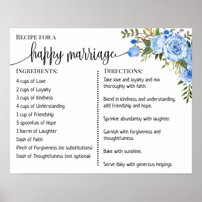 Recipe for a happy marriage sign wedding gift blue (Front)