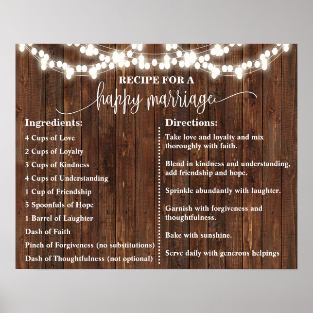 Recipe for a Happy Marriage Sign Western Wedding (Front)