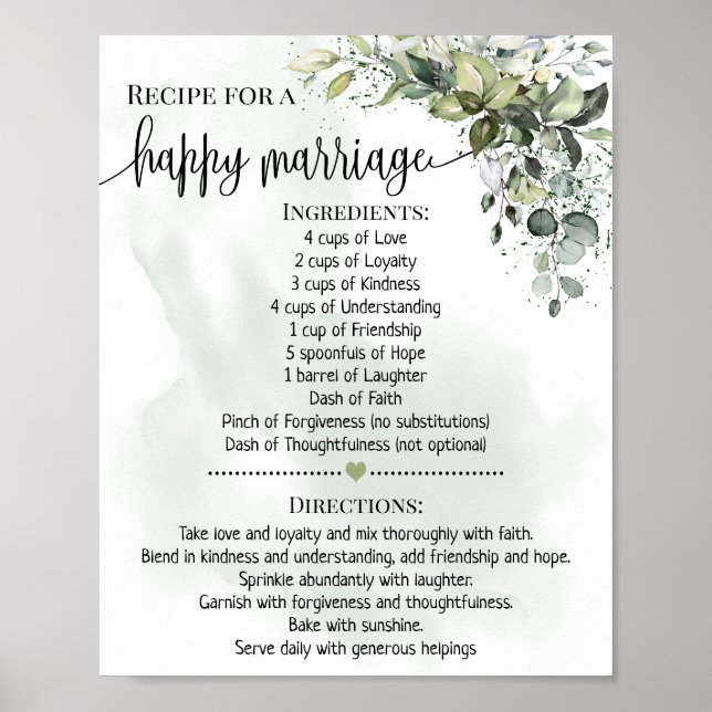 Recipe for happy marriage shower eucalyptus gift poster (Front)