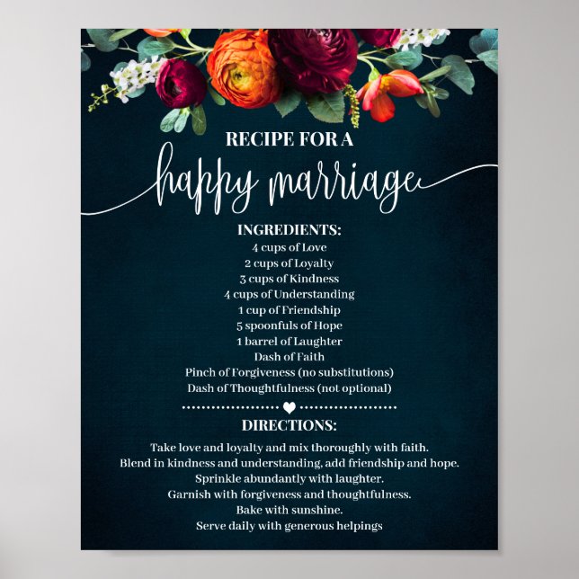 Recipe for Happy Marriage Wedding Gift Wine Navy Poster (Front)