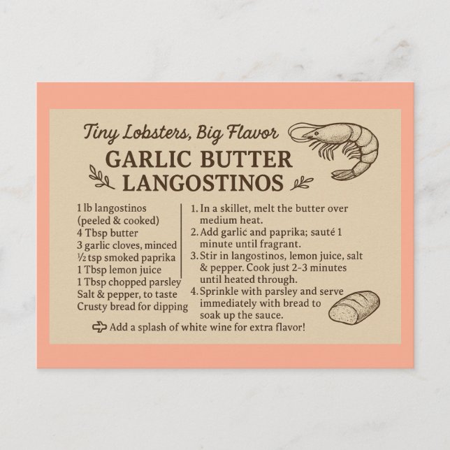 Recipe for langostinos holiday postcard (Front)