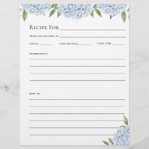 Recipe Full Page Sheet for Binder, Blue Hydrangea