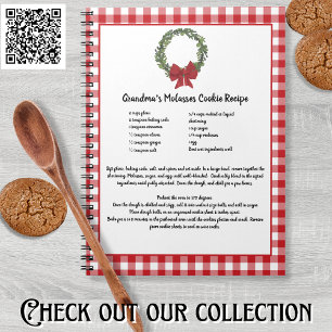 Recipe Keepsake Christmas Cookie Red Plaid Wreath  Notebook