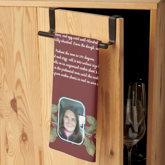 Recipe Keepsake photo and floral tan grey plaid Tea Towel (Thirds Fold)