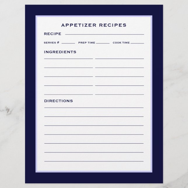 Recipe Page | Appetizer | Simple Navy Blue & White (Front)