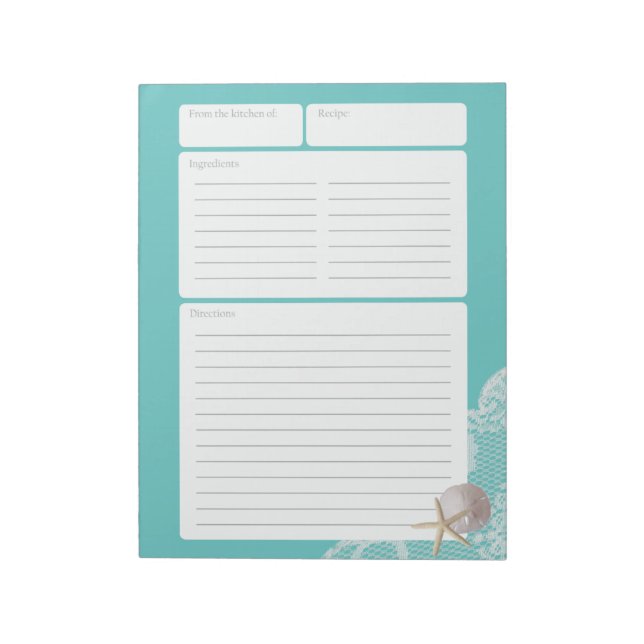 Recipe Page Aqua Sand Dollar and Lace Notepad (Rotated)