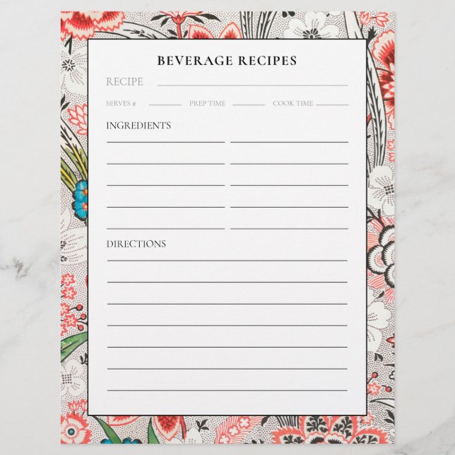 Recipe Page | Beverage | Elegant Floral (Front)
