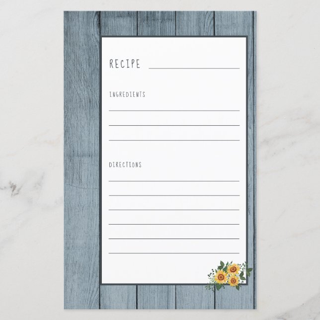 Recipe page for cookbook mini binder organiser (Front)