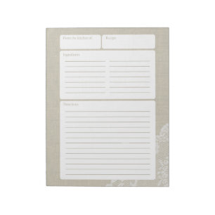 Recipe Page Light Burlap and Lace Notepad