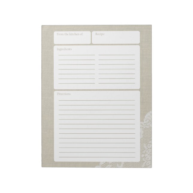 Recipe Page Light Burlap and Lace Notepad (Rotated)