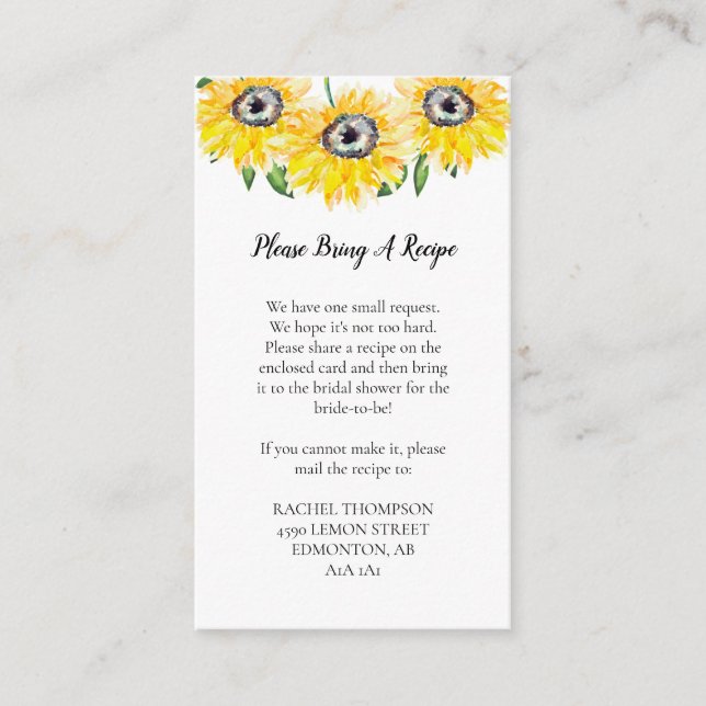 Recipe Request Sunflower Bridal Shower Floral Enclosure Card (Front)