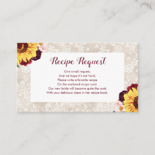 Recipe Request Sunflower Burgundy Floral Lace Enclosure Card
