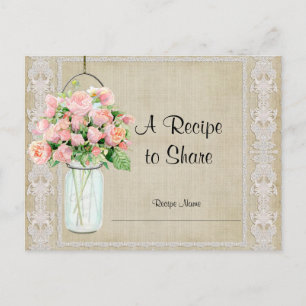 Recipe Rustic Country Mason Jar Blush Pink Roses Postcard