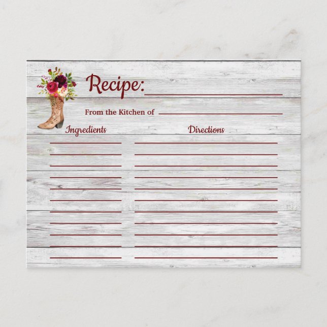 Recipe Rustic Marsala Boho Burgundy Country Insert Postcard (Front)