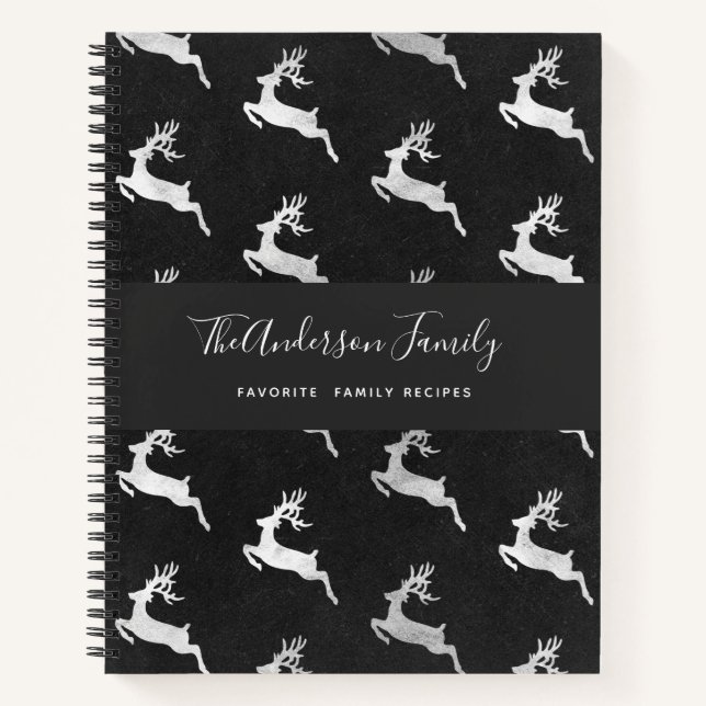 Recipes Christmas reindeer black silver monogram Notebook (Front)