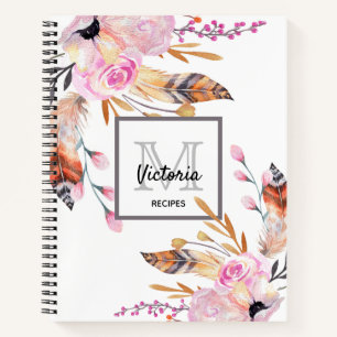 Recipes cookbook florals feather white pink name notebook
