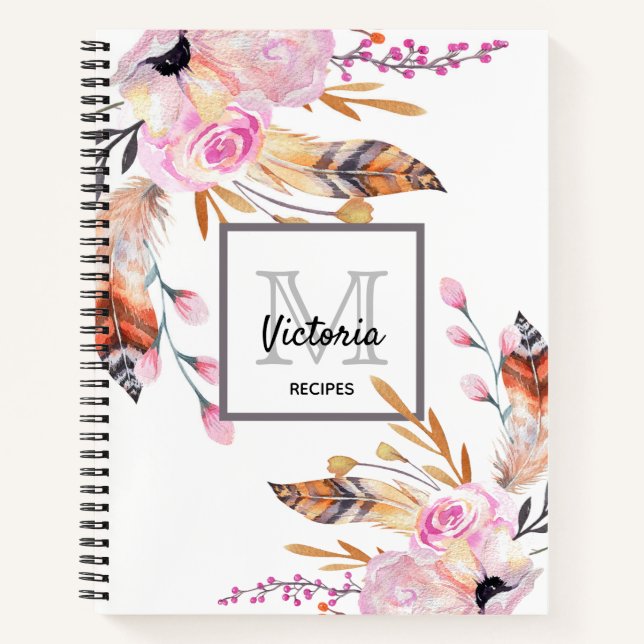 Recipes cookbook florals feather white pink name notebook (Front)