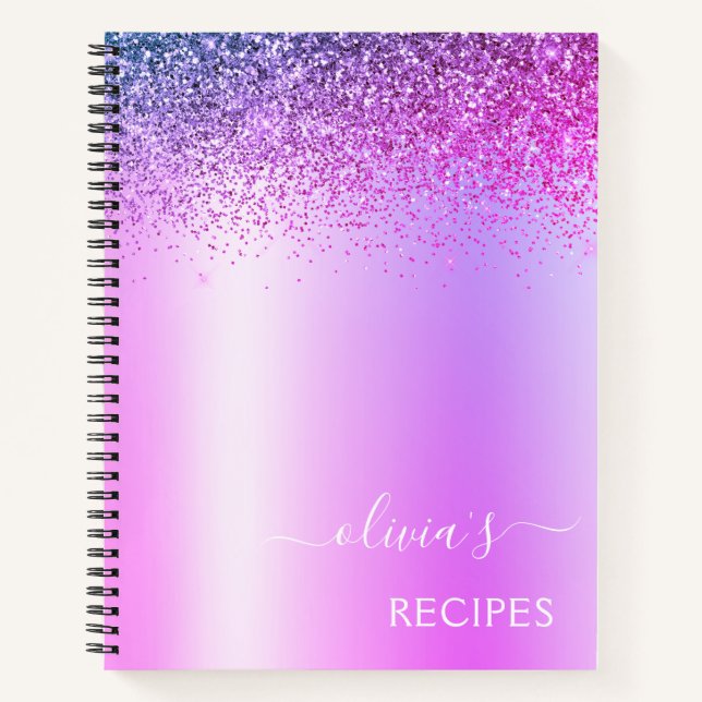 Recipes Cookbook Purple Glitter Monogram Notebook (Front)