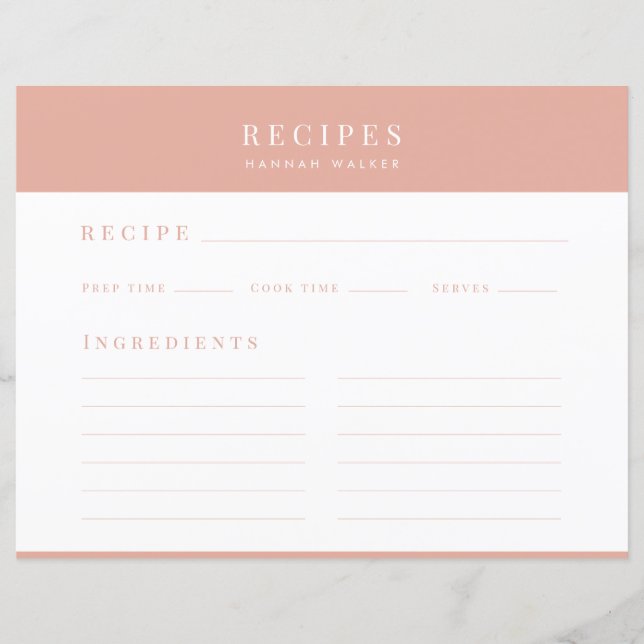 Recipes | Elegant Blush Pink Feminine Recipe Card (Front)